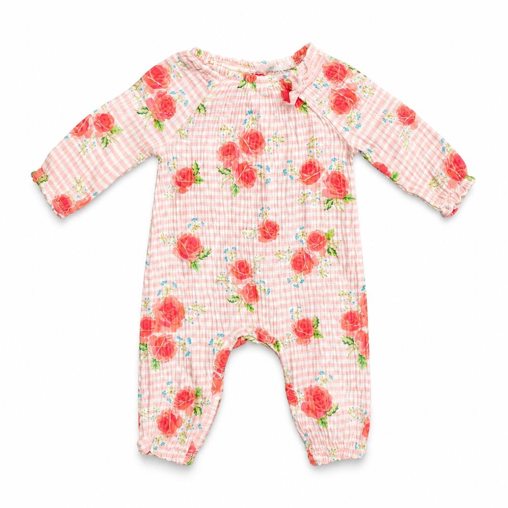 Mud Pie Baby Girl Floral Gingham Romper 3-6 Months Pink Rose EUC Cotton